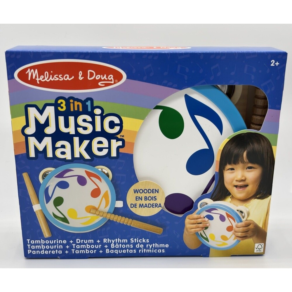 Melissa & Doug 3-in-1 Wooden Music Maker Drum Tambourine Rhythm Sticks
